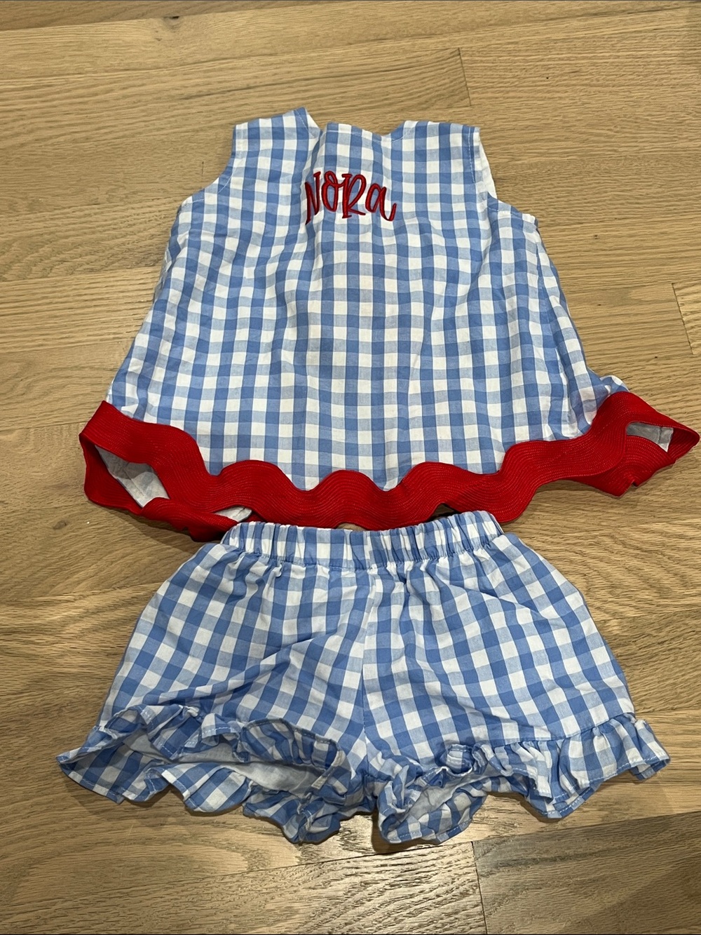 Blue Gingham Kids Matching Set with Red Trim